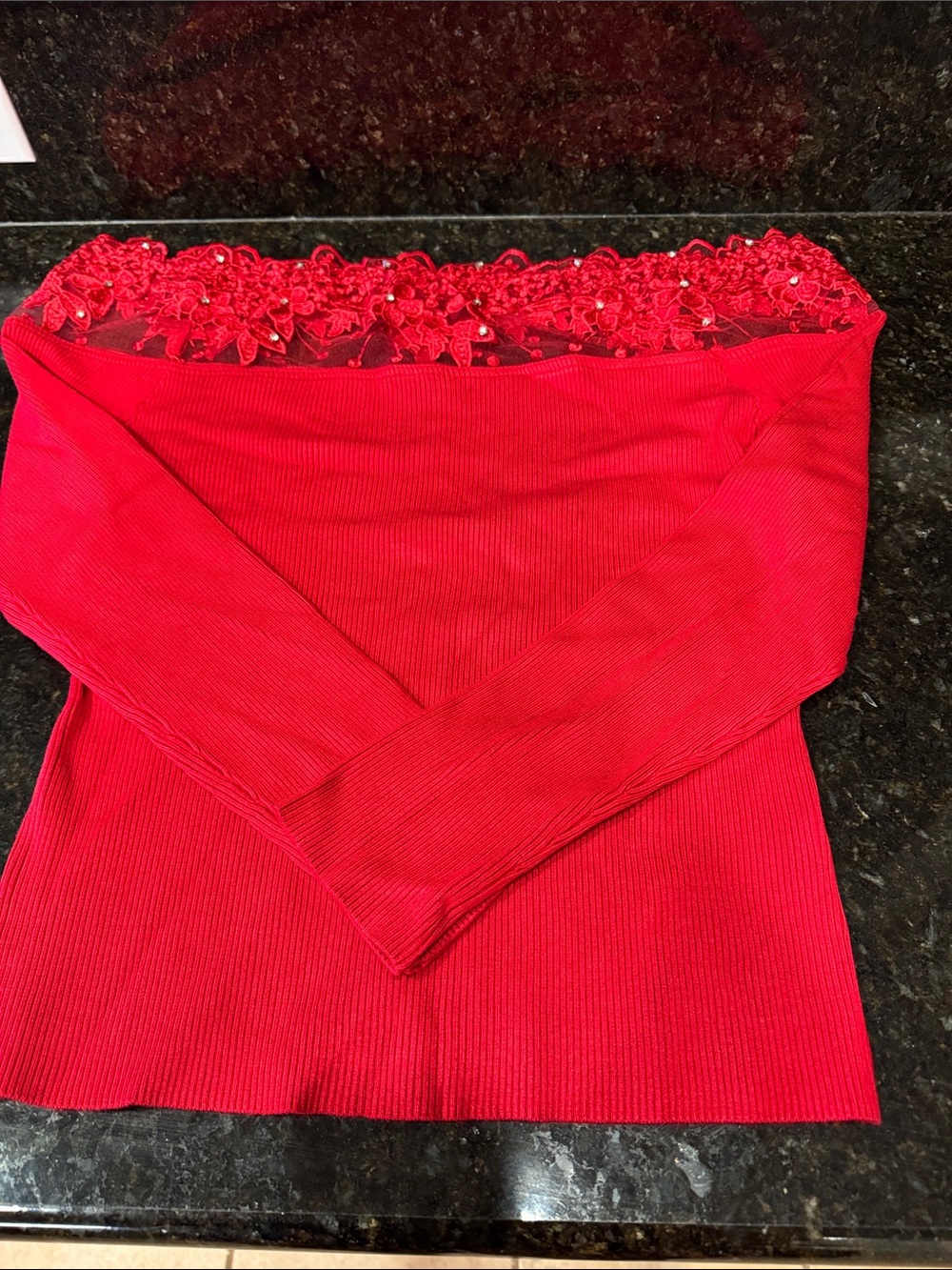 BOSTON PROPER-OFF Shoulder Red Floral Lace Knit Sweater-RHINESTONE DETAILS!!